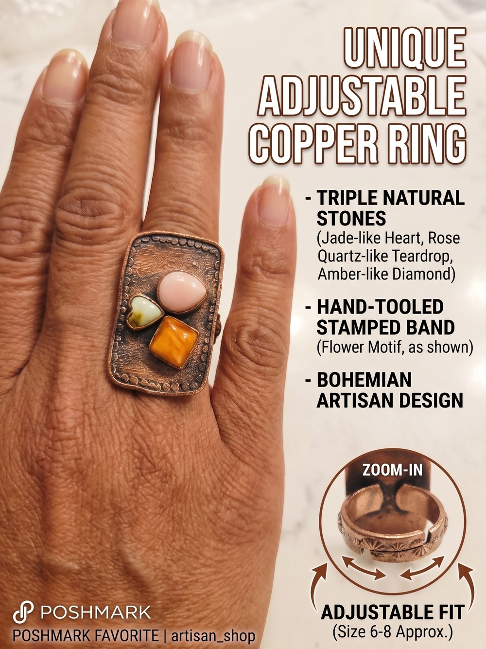 Artisan Copper Ring with Pink Quartz, Jade & Amber